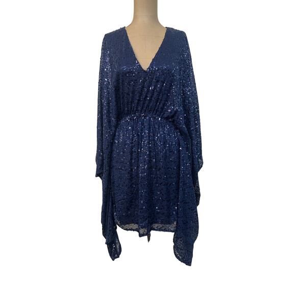 Halston Mini Dress Navy Blue Catalina Sequin V Neck Caftan Cocktail $425 - Picture 4 of 8